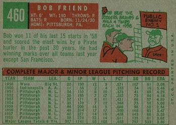 1959 Topps #460 Bob Friend Back