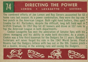 1959 Topps #74 Directing the Power (Jim Lemon / Cookie Lavagetto / Roy Sievers) Back
