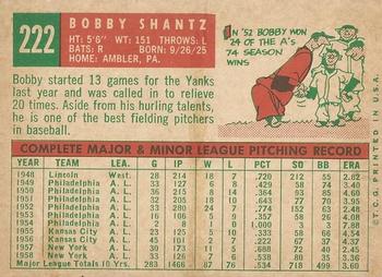 1959 Topps #222 Bobby Shantz Back