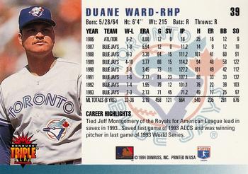 1994 Triple Play #39 Duane Ward Back