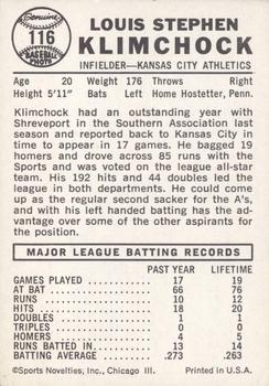 1960 Leaf #116 Lou Klimchock Back