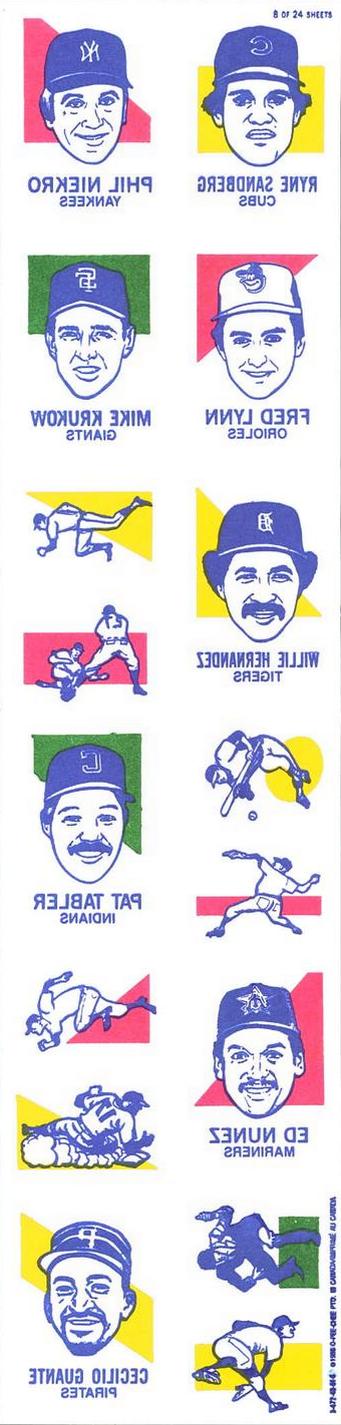 1986 O-Pee-Chee Tattoos #8 Phil Niekro / Ryne Sandberg / Mike Krukow / Pat Tabler / Edwin Nunez / Fred Lynn / Cecilio Guante / Willie Hernandez Front