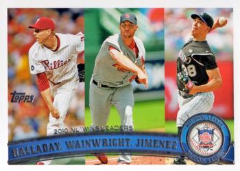 2011 Topps #11 2010 NL Wins Leaders (Roy Halladay / Adam Wainwright / Ubaldo Jimenez) Front