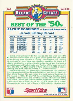 1986 Sportflics Decade Greats #28 Jackie Robinson Back