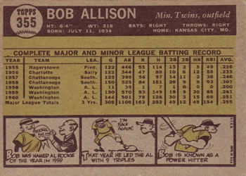 1961 Topps #355 Bob Allison Back