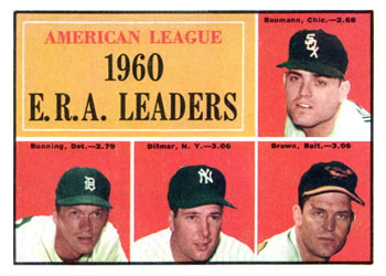 1961 Topps #46 American League 1960 E.R.A. Leaders (Frank Baumann / Jim Bunning / Art Ditmar / Hal Brown) Front