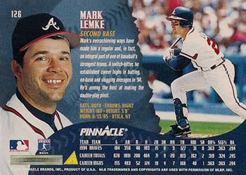 1995 Pinnacle #126 Mark Lemke Back
