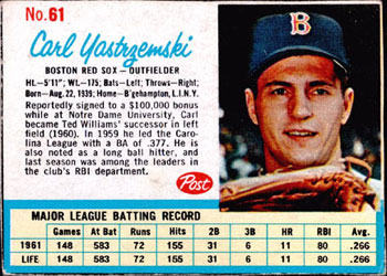 1962 Post Cereal #61 Carl Yastrzemski Front