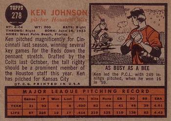 1962 Topps #278 Ken Johnson Back