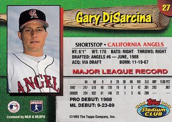 1993 Stadium Club California Angels #27 Gary DiSarcina  Back