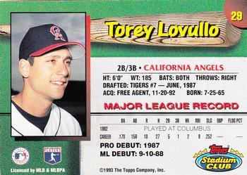 1993 Stadium Club California Angels #29 Torey Lovullo  Back