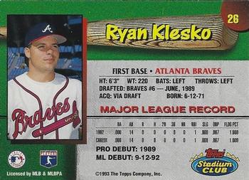 1993 Stadium Club Atlanta Braves #26 Ryan Klesko Back