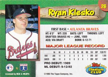 1993 Stadium Club Atlanta Braves #26 Ryan Klesko  Back