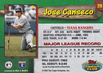 1993 Stadium Club Texas Rangers #28 Jose Canseco  Back