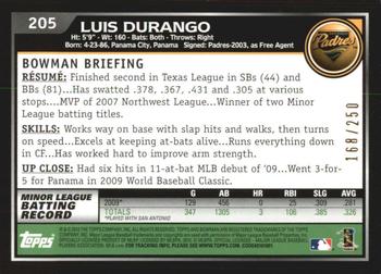 2010 Bowman - Orange #205 Luis Durango Back