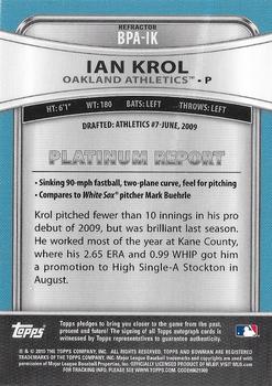 2010 Bowman Platinum - Prospect Autographs Refractors #BPA-IK Ian Krol Back