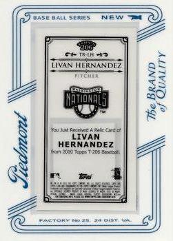 2010 Topps 206 - Mini Framed Relics Piedmont #TR-LH Livan Hernandez Back