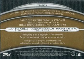 2010 Topps Triple Threads - Autograph Relic Combos Gold #TTARC-6 Evan Longoria / Gordon Beckham / Miguel Cabrera Back