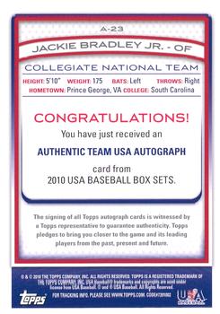 2010 Topps USA Baseball - Autographs #A-23 Jackie Bradley Jr. Back