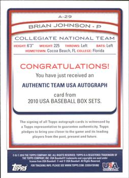 2010 Topps USA Baseball - Autographs Red #A29 Brian Johnson Back