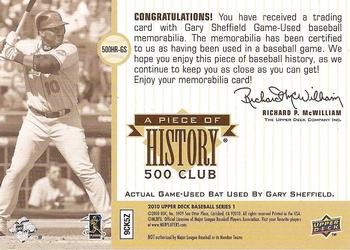 2010 Upper Deck - A Piece of History 500 Club: Gary Sheffield #500HR-GS Gary Sheffield Back