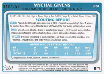 2011 Bowman - Prospects Orange #BP50 Mychal Givens Back