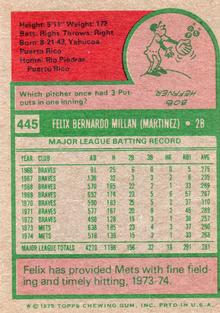 1975 Topps Mini #445 Felix Millan Back