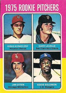 1975 Topps Mini #624 1975 Rookie Pitchers (Doug Konieczny / Gary Lavelle / Jim Otten / Eddie Solomon) Front