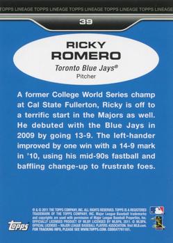 2011 Topps Lineage #39 Ricky Romero Back