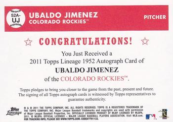 2011 Topps Lineage - 1952 Autographs #52A-UJ Ubaldo Jimenez Back