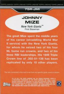 2011 Topps Lineage - 1975 Mini Relics #75R-JMI Johnny Mize Back