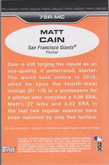 2011 Topps Lineage - 1975 Mini Relics #75R-MC Matt Cain Back