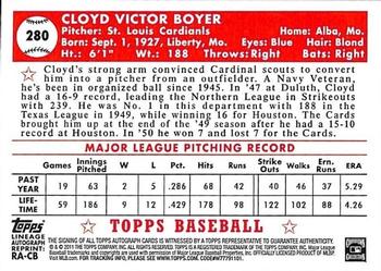 2011 Topps Lineage - Autographs #RA-CB Cloyd Boyer Back
