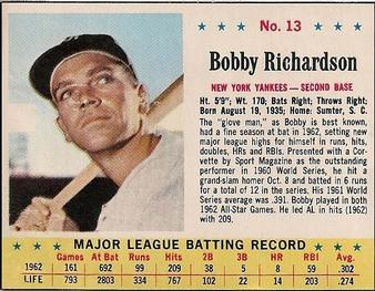 1963 Jell-O #13 Bobby Richardson Front