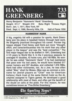 1993 Conlon Collection TSN #733 Hank Greenberg Back