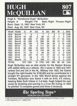 1993 Conlon Collection TSN #807 Hugh McQuillan Back