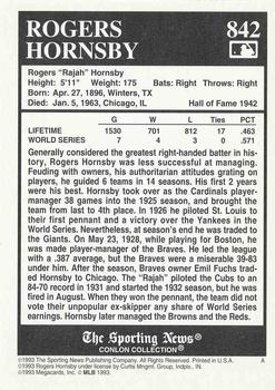 1993 Conlon Collection TSN #842 Rogers Hornsby Back