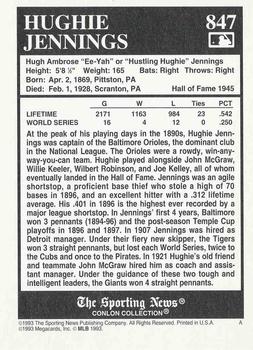 1993 Conlon Collection TSN #847 Hughie Jennings Back