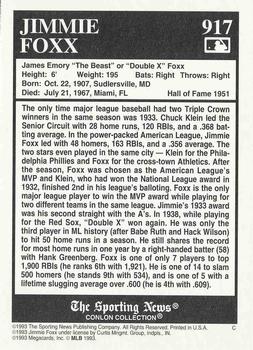 1993 Conlon Collection TSN #917 Jimmie Foxx Back