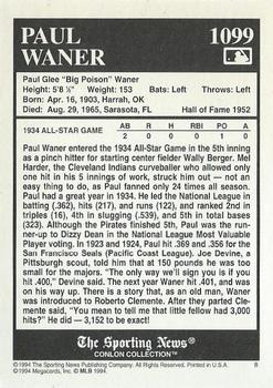 1994 Conlon Collection TSN #1099 Paul Waner Back