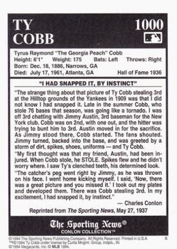 1994 Conlon Collection TSN - Burgundy #1000 Ty Cobb Back