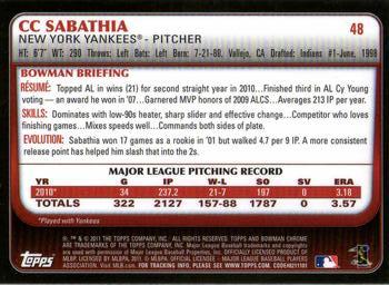 2011 Bowman Chrome #48 CC Sabathia Back