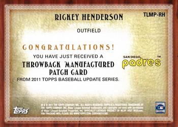 2011 Topps Update - Throwback Logo Manufactured Patch #TLMP-RH Rickey Henderson Back