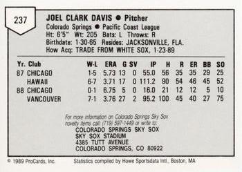 1989 ProCards Minor League Team Sets #237 Joel Davis Back