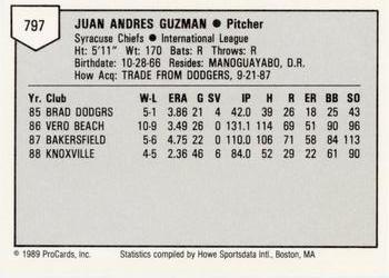 1989 ProCards Minor League Team Sets #797 Juan Guzman Back