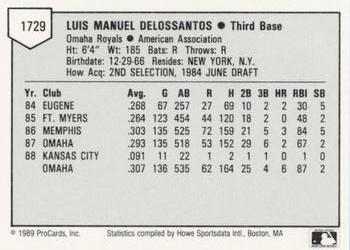 1989 ProCards Minor League Team Sets #1729 Luis de los Santos Back