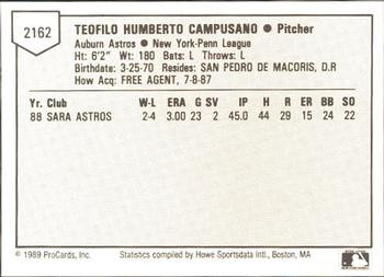 1989 ProCards Minor League Team Sets #2162 Teo Campusano Back