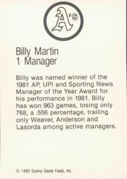 1982 Granny Goose Oakland Athletics Facsimile Signatures #NNO Billy Martin Back