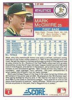 1988 Score - Glossy #5 Mark McGwire Back