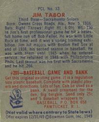 1949 Bowman PCL #33 Jim Tabor Back